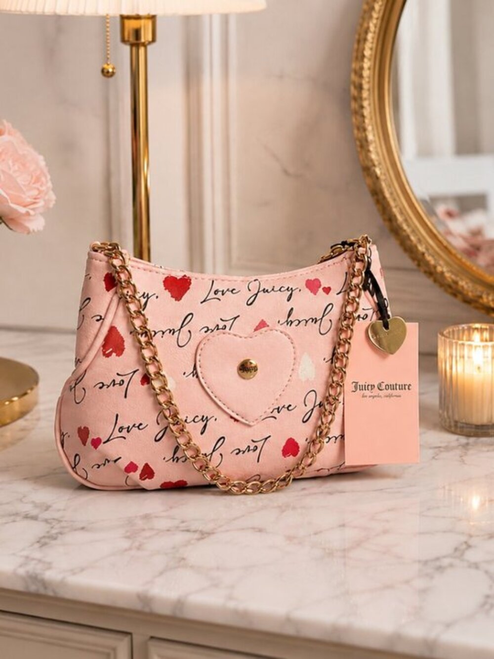 Juicy Couture Pink Love Juicy Heart Print Shoulder Bag NWT